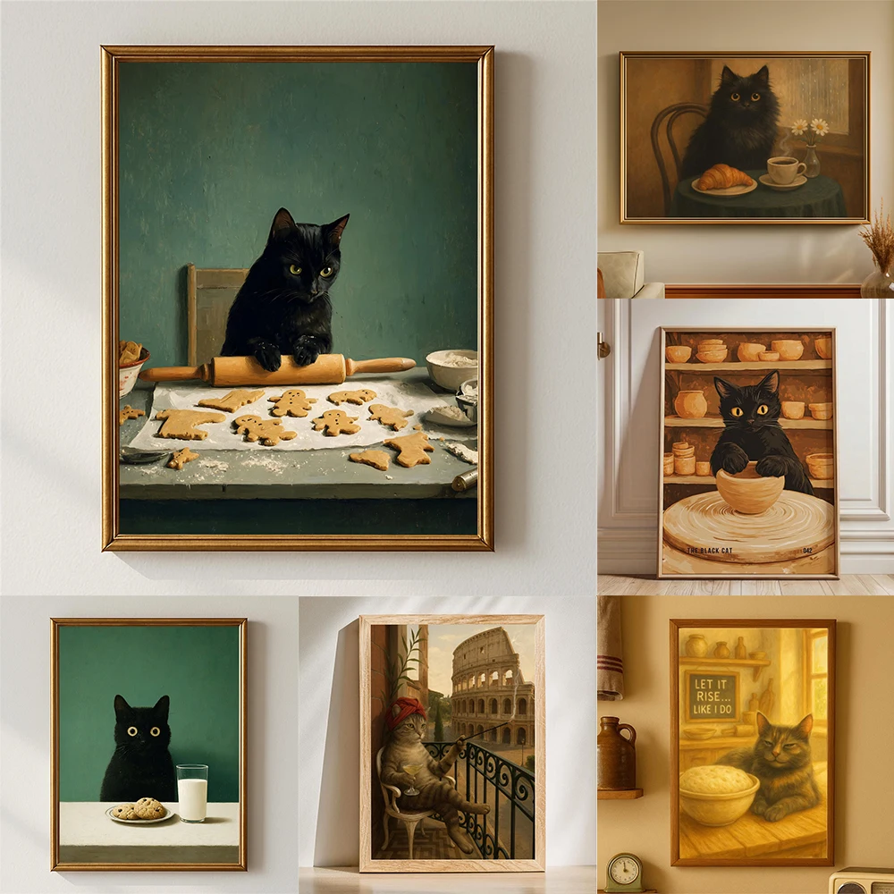 Kitchen Baking Wall Art - Czarny Kot Piecący Ciasteczka Świąteczne Grafiki