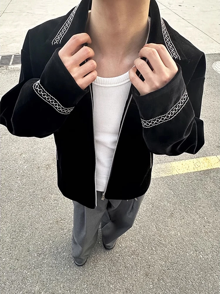 

Bla Knight Silver Tead Embroidery Velvet Men's Spring Autumn CleanFit Design Haome Turn-down Collar Jaet