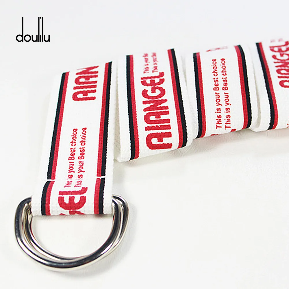 130cm Fashion Neutral Nylon Canvas Belt Printing English D Ring Double Buckle boy and girl Student white Belt