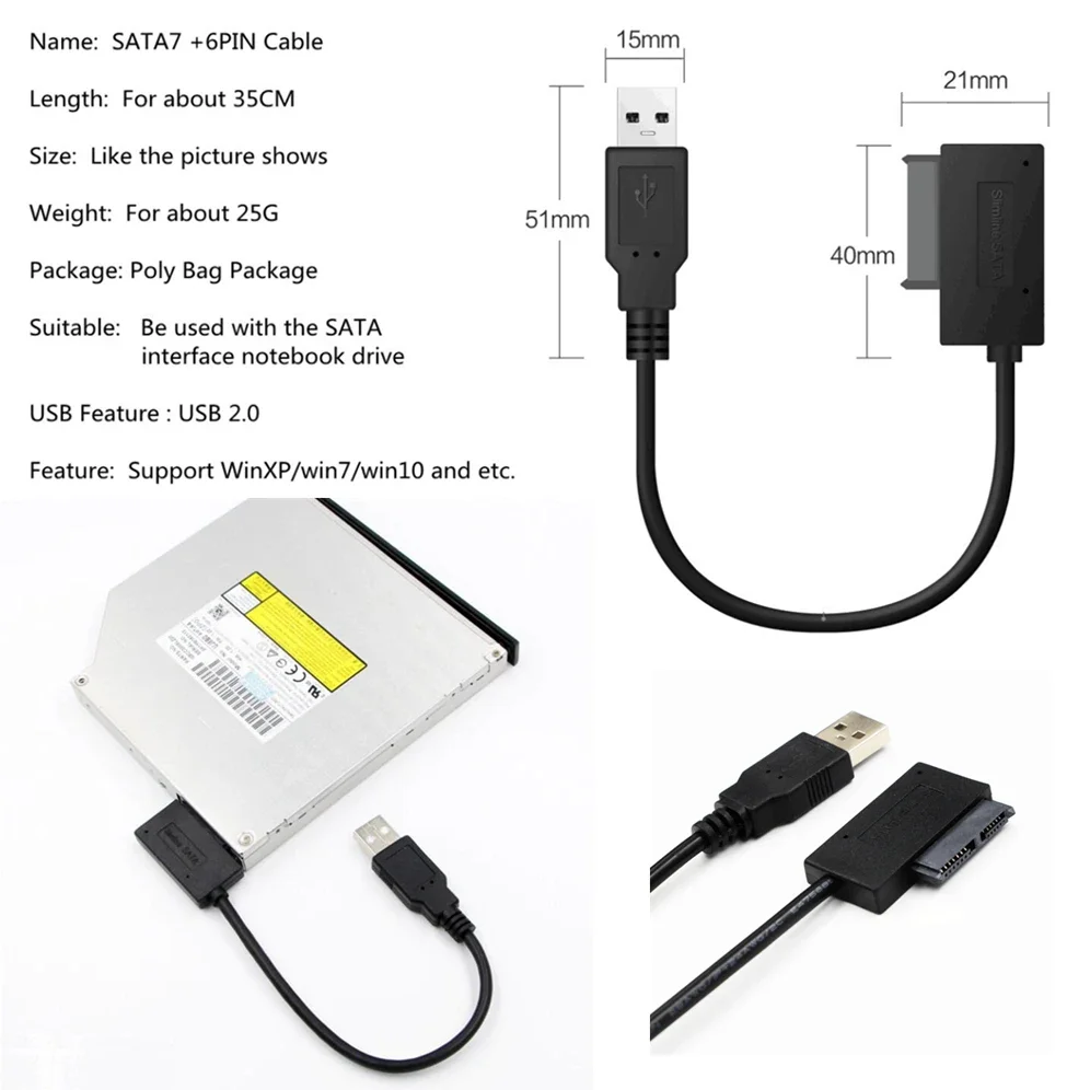 USB 2.0 to Mini Sata II 7+6 13Pin Adapter Converter Cable For Laptop CD/DVD ROM Slimline Drive Converter HDD Caddy