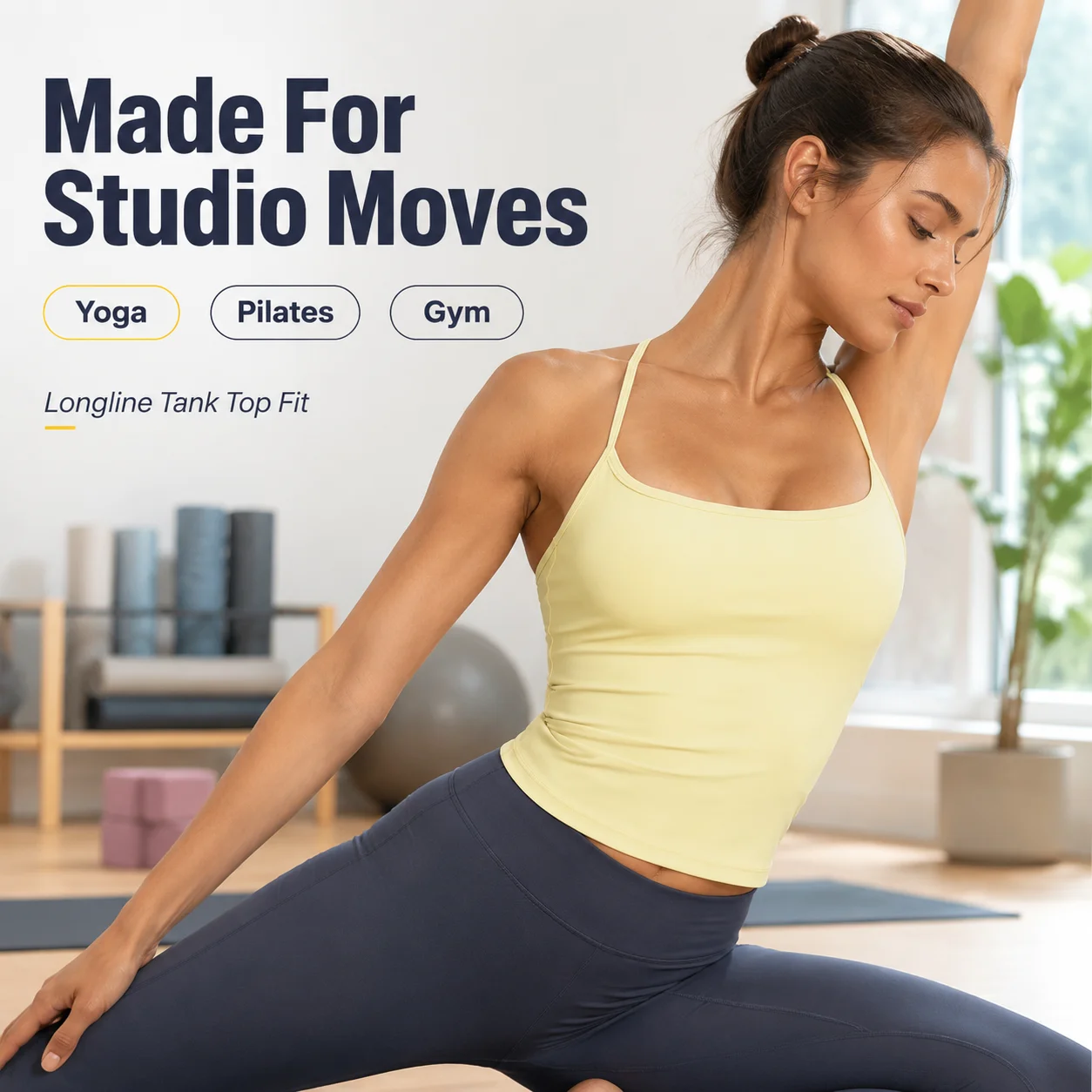 Women's Square Neck Spaghetti Strap Longline Sports Bra with Built-in Pads Nude Feeling Seamless Workout Tank Top for Yoga Pilat view 3