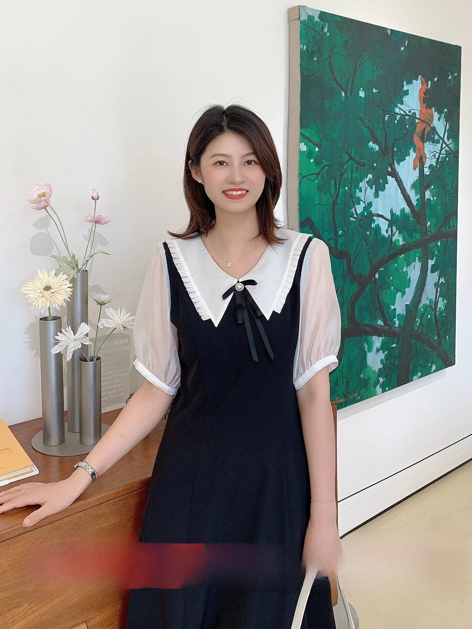 

Ele Agel Plaid Slim Fit High Waist Dr Women's Faion Commute Sle ort Sve High Collar A-Line Skirt Dr