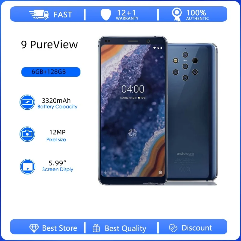 Разблокированный восстановленный оригинальный мобильный телефон 9 PureView 12MP 4G 5.99 дюймов 3320 мАч с отпечатком пальца, поддержка русского, арабского, ивритского языков