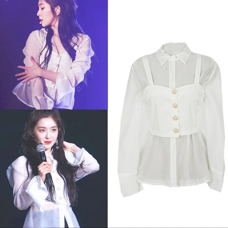 

Kpop Korean Singers Concert Jazz Dance Sexy White Perspective Shirt Sling Vest Crop Tops Women Office Temperament Two Piece Set