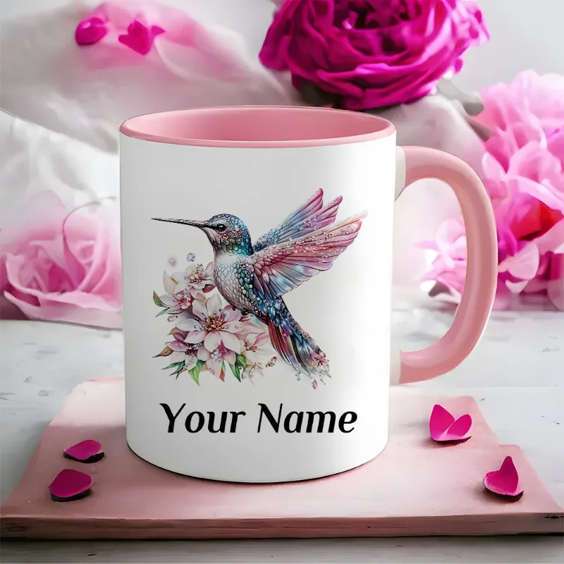 11oz Personalized Glitter Hummingbird Watercolor Floral White Ceramic Coffee Tea Cup Heat Sublimation Gift for Home Office