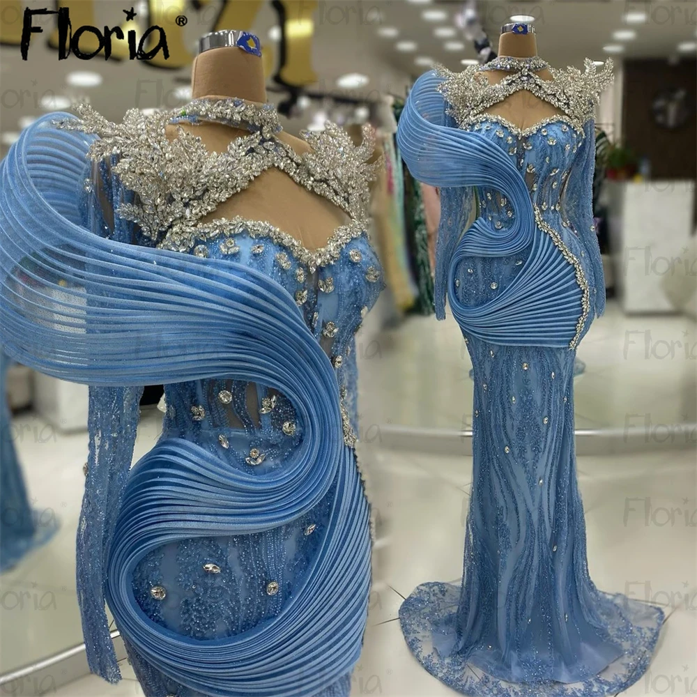 Floria-vestido de noche de lujo personalizado para bebé, traje azul de manga larga de sirena, vestidos de fiesta de boda, vestidos de noche de graduación, bata de desfile