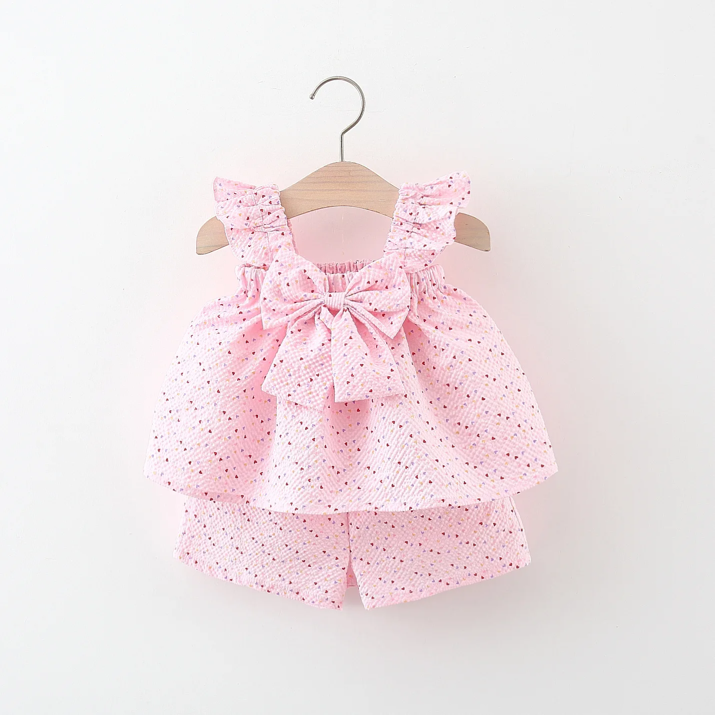 2/piece set of summer new baby girl suspender shorts set girl\'s colorful small heart printed bow small flying sleeve suspender