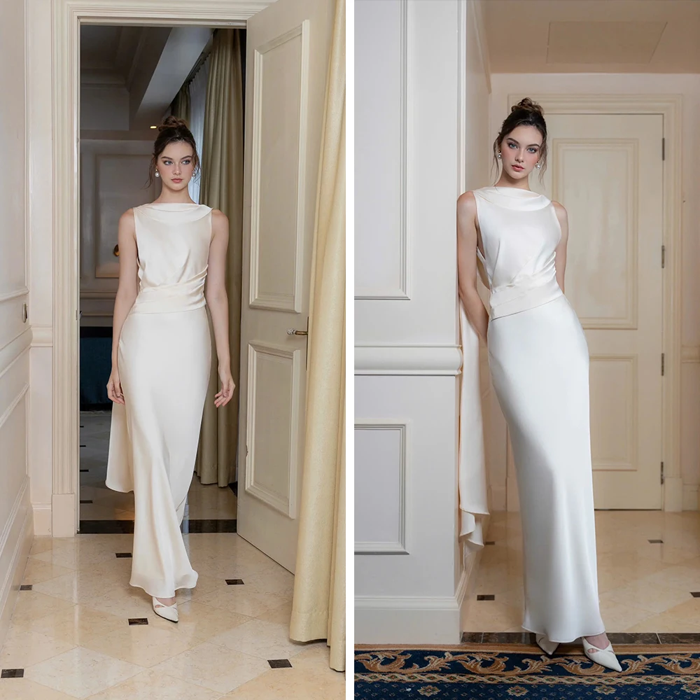 Women's Elegant Sleeveless Backless Satin Bodycon Maxi Dress Cocktail Evening Party Luxury Long Gown Wedding Guest White Dresses