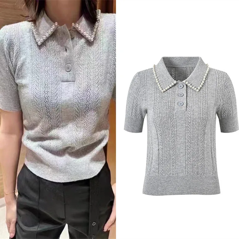 

Ele Pearl Decorated Ne ort Sve Knitted T-irt Women's Sweet Sle Top High-End Version Faionable Springwear