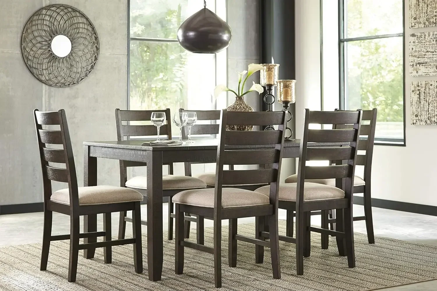 Design by Ashley Rokane 20" Dining Room Table Set with 6 Upholstered Chairs, Brown