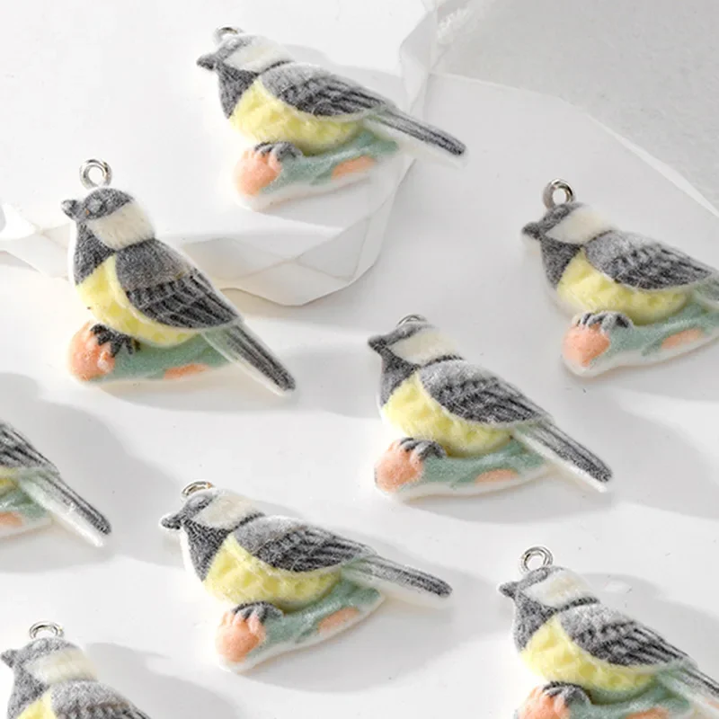 20Pcs 3D Cute Flocked Parrot Charms Cartoon Animal Bird Resin Pendant For Phone Bag Keychain Necklace Earrings Diy Jewelry Make