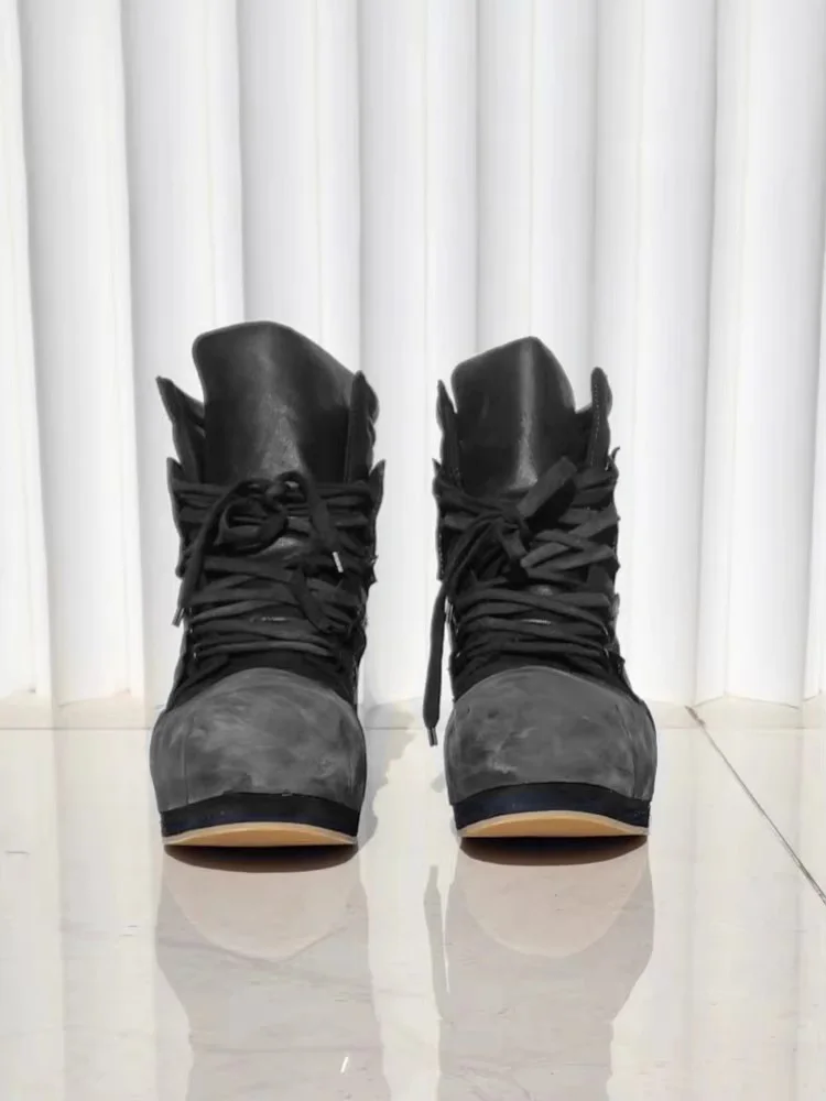Gothic Design Men Cowhide Genuine Leather Ankle Boots Work Safety Shoes Vintage High Top Thick Platform Height Increasing Boots
