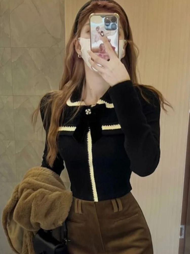 French Style Crop Sweaters Women Spring Elegant Cozy Office Lady Gentle All-match Slim Knitwear Simple Vintage Ins Trendy Chic