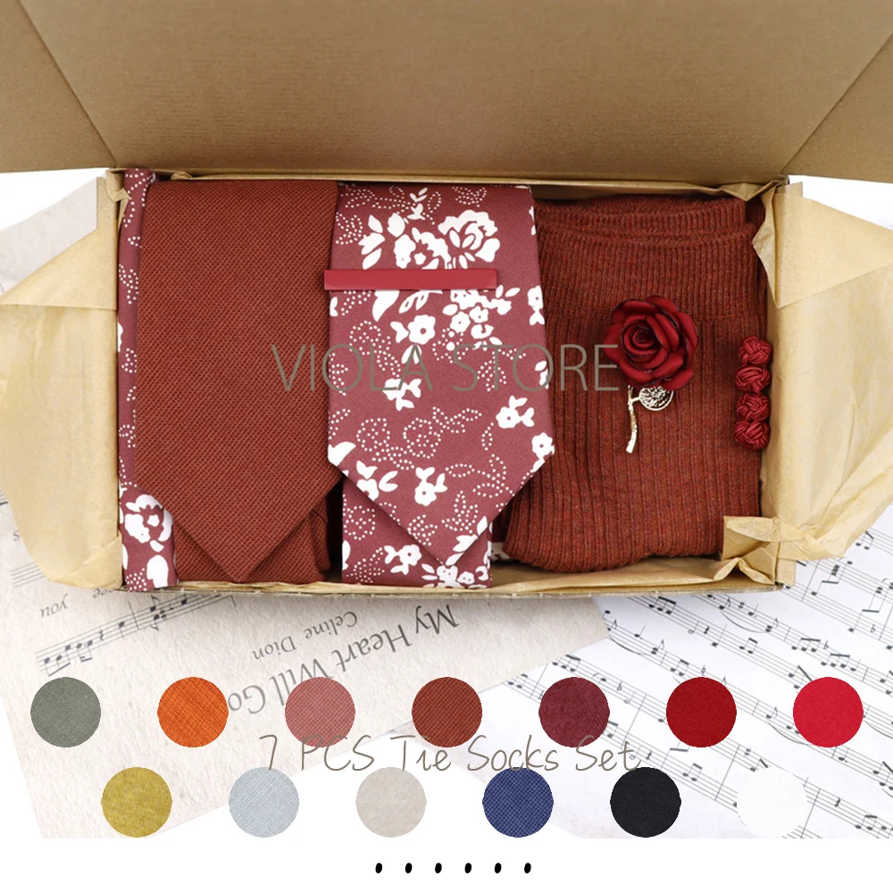 

Viola Design Gift Box Hot Solid Floral Cotton Sock Necktie Set Clip Cufflinks Pin Hanky Men Wedding Party Daily Cravat Accessory