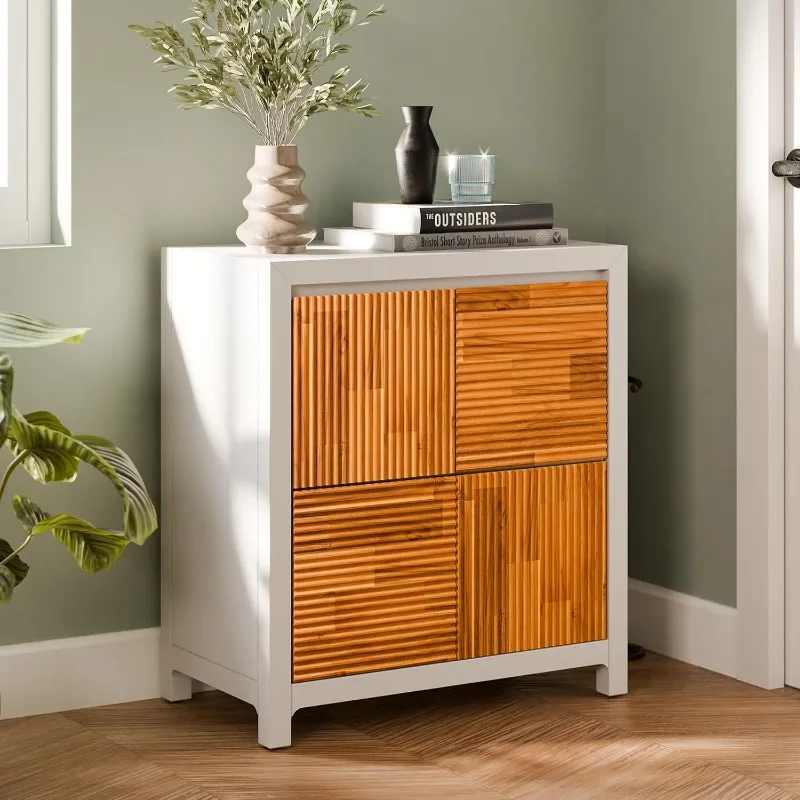 Accent Cabinet, Trendy Fluted Pattern Entryway Table with Storage with Convenient Soft-Close Doors, Solid Acacia Wood