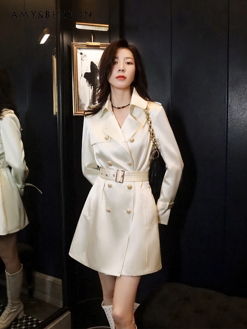 High-Grade White Silk Satin Blazer Collar Jackets Fashion Metal Buckle Midi Lace-up Socialite Temperament Slim Jackets for Women