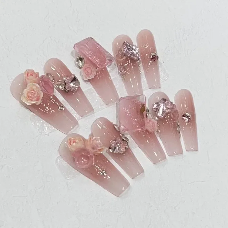 【ROSE ISLAND】10Pcs /Set Full Cover False Nails Press on Nails Fake Nails Diy Pure Handmade Removable Rose Marriage