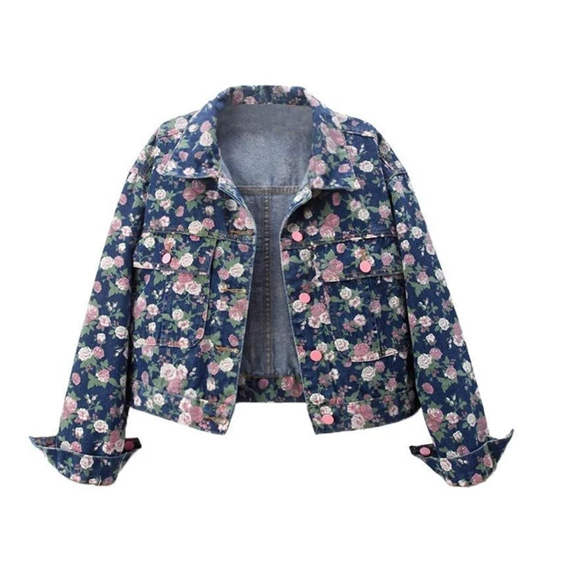 

Yeezzi Women's Retro Floral Printed Lapel Denim Jacket Coat Long Sleeves Buttoned Pockets Casual Daily Spring Autumn Outerwear