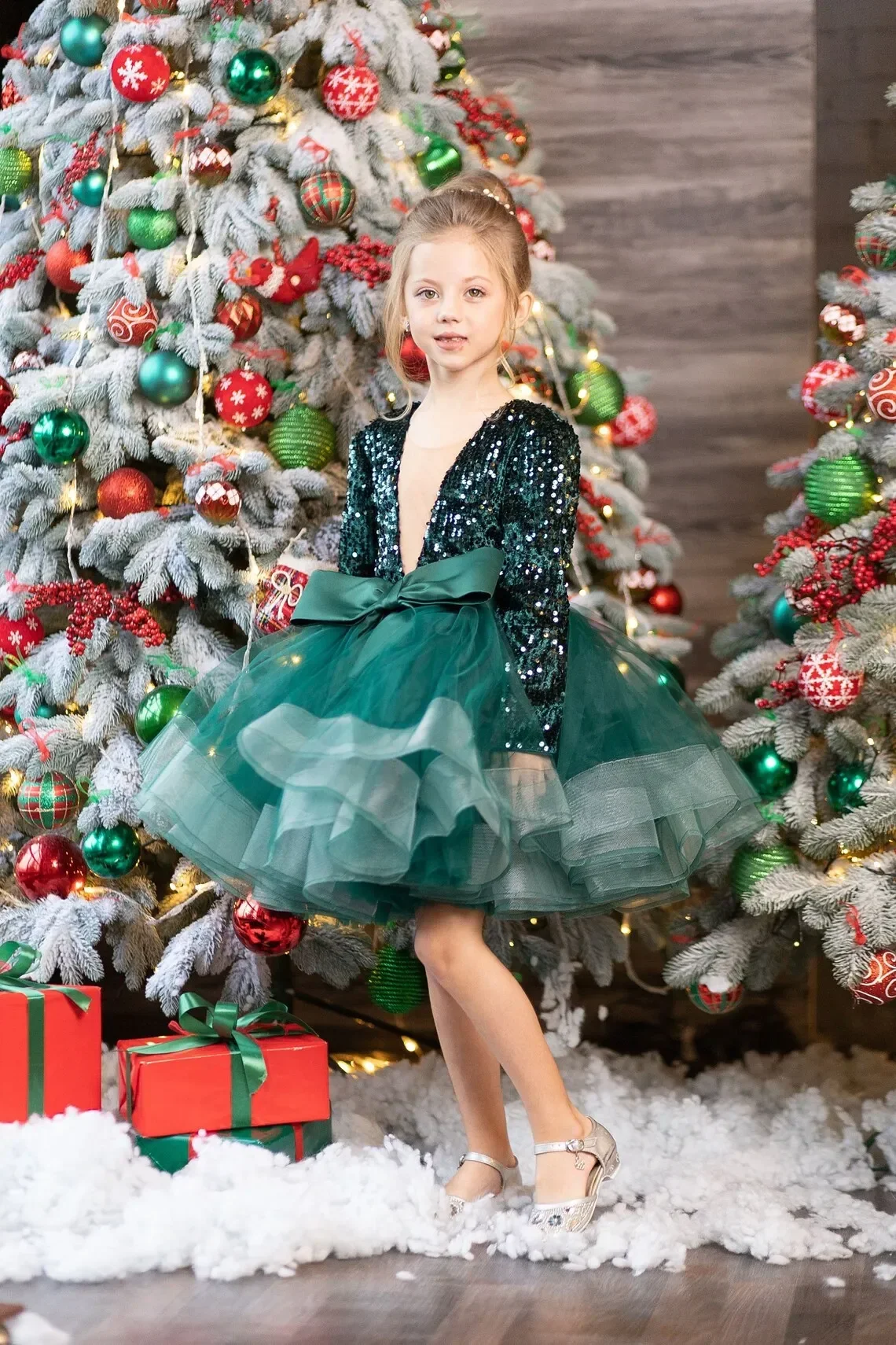 Emerald Green Pageant Christmas Dress Full Sleeve Sequin Flower Girl Dresses Bow Tulle Party Toddler Kids Birthday Tutu Dresses