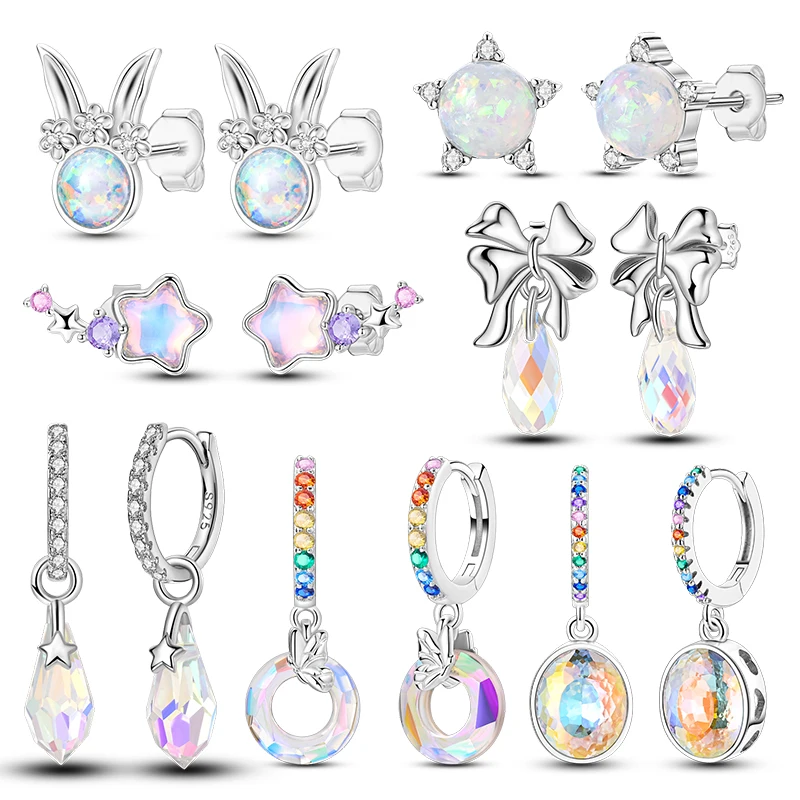 Stars Opal Earrings 925 Sterling Silver Original Sparkling Crystal Bowknot Garland Rabbit Small Earrings For Women Jewelry Gift