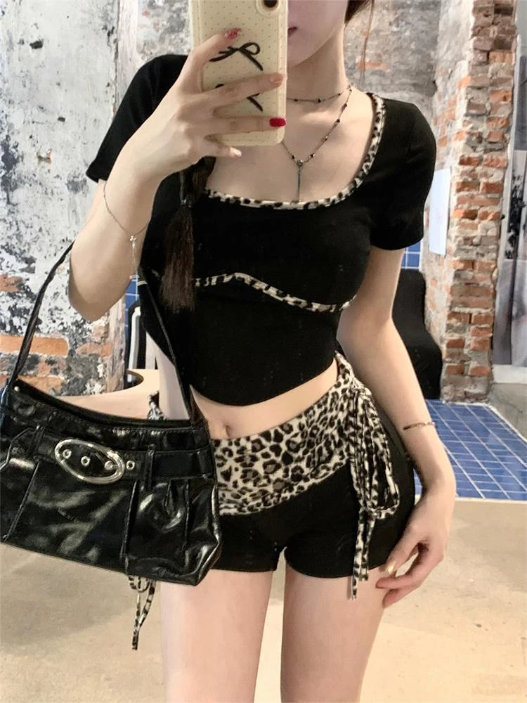 Harajuku Set di due pezzi Sexy Leopard Patchwork Harajuku Slim Fit t-shirt Crop Top donna Y2k fasciatura estetica Grunge Shorts Suit