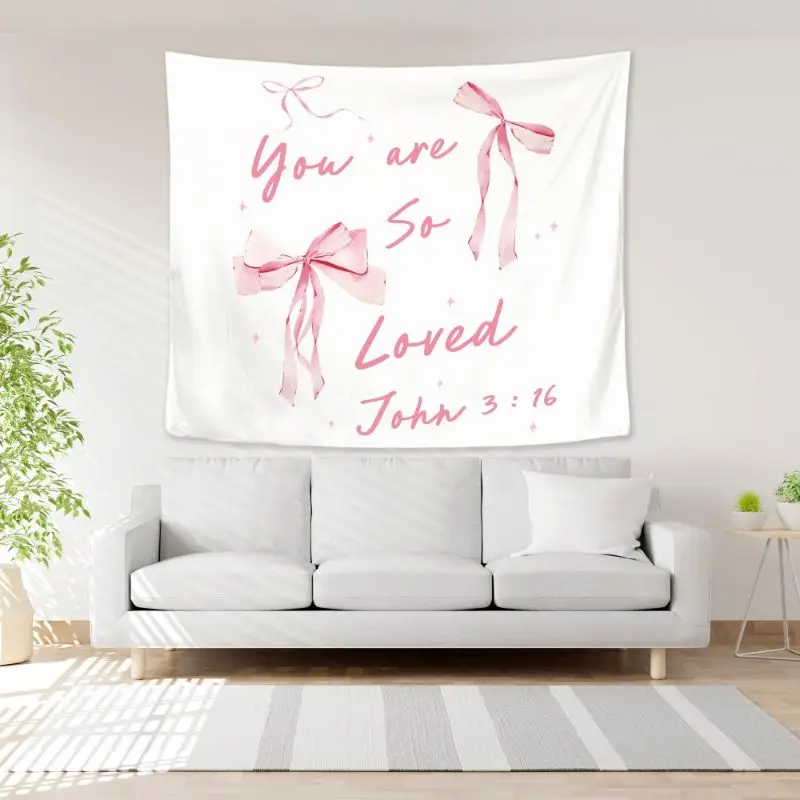 VIKAMA Pink Bow Christian Tapestry, Jesus Cross Scripture Wall Hanging, Girl Style Wall Decor for Bedroom Dormitory Home