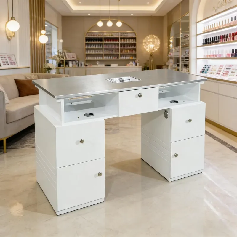 Salon Professional White Marble Top Nail Table and Chair Set No Dust Leakage Nails Tech Table Manicure With Storage