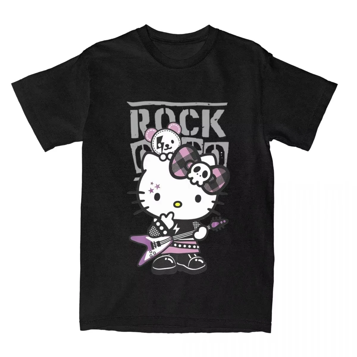 

Cartoon Hello Kitty Rock Men's T Shirts Cute Cat Cartoon Graphic Printed Tops Cotton Tops Casual Short Sleeve Crew Neck Clothing