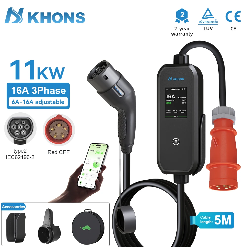 Khons 11KW 16A 3-Phasen Typ2 EV-Ladegerät IP65 Wasserdichte Tragbare EVSE-Ladebox mit APP-Steuerung 5m TPU-Kabel für Elektrofahrzeuge