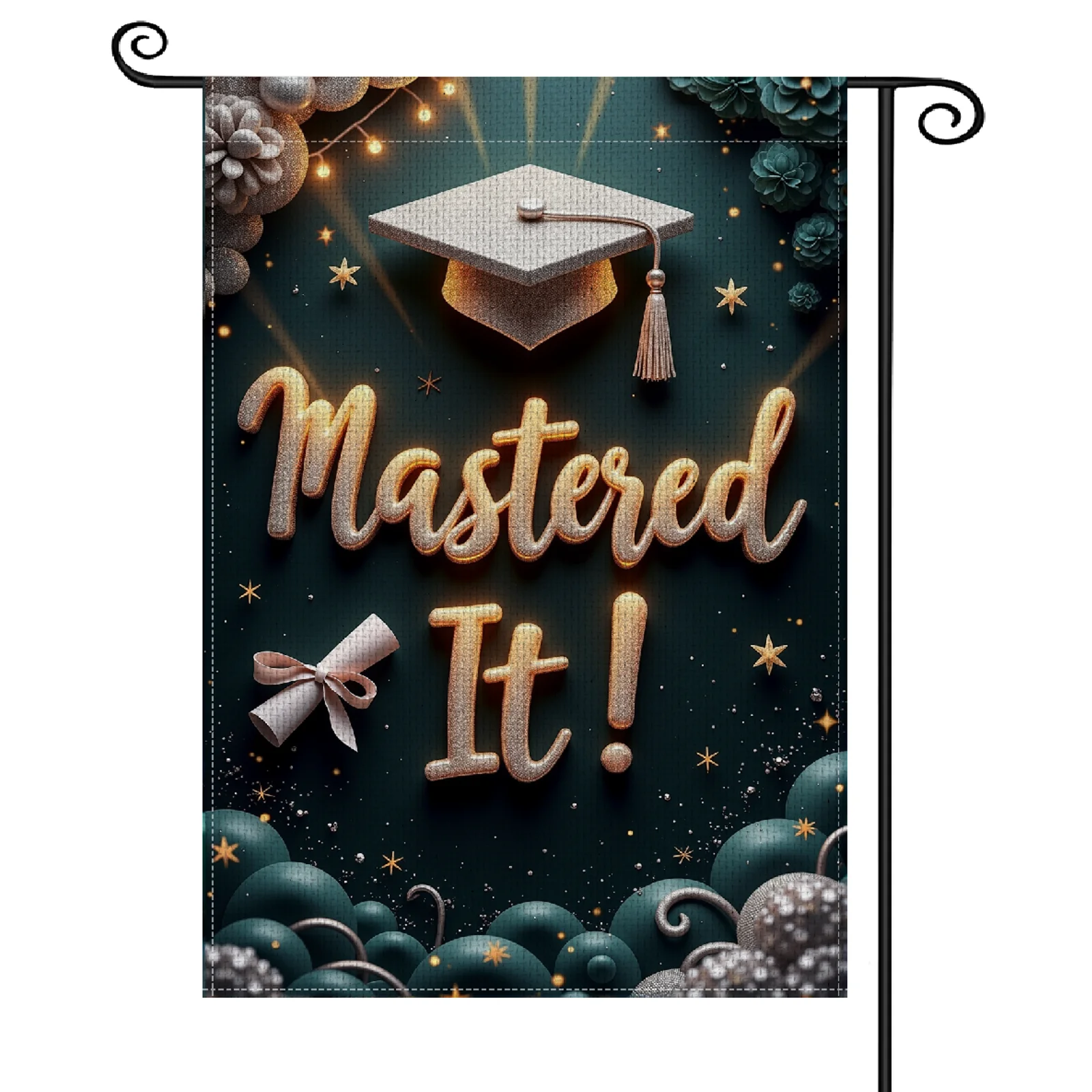 Glittery Mastered It Graduation Garden Flag Dark Green Master's Degree Banner Sparkly Academic Success Flag for Graduation Party