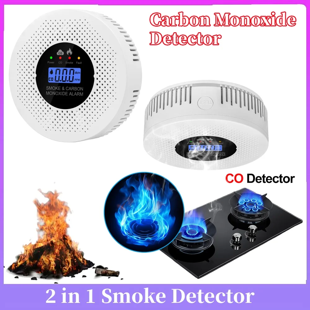 

Детектор дыма и угарного газа 2-в-1 с ЖК-дисплеем, на батарейках, для дома, прихожей, спальни