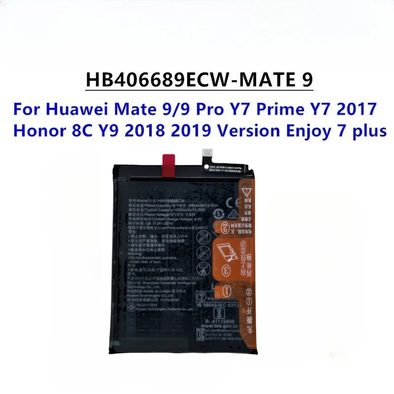 Para huawei companheiro 9 mate9 honor 8c y7 pro 2017 prime desfrutar 7 plus y9 2018 y9 2019 novo hb406689ecw bateria de telefone substituição 4000mah