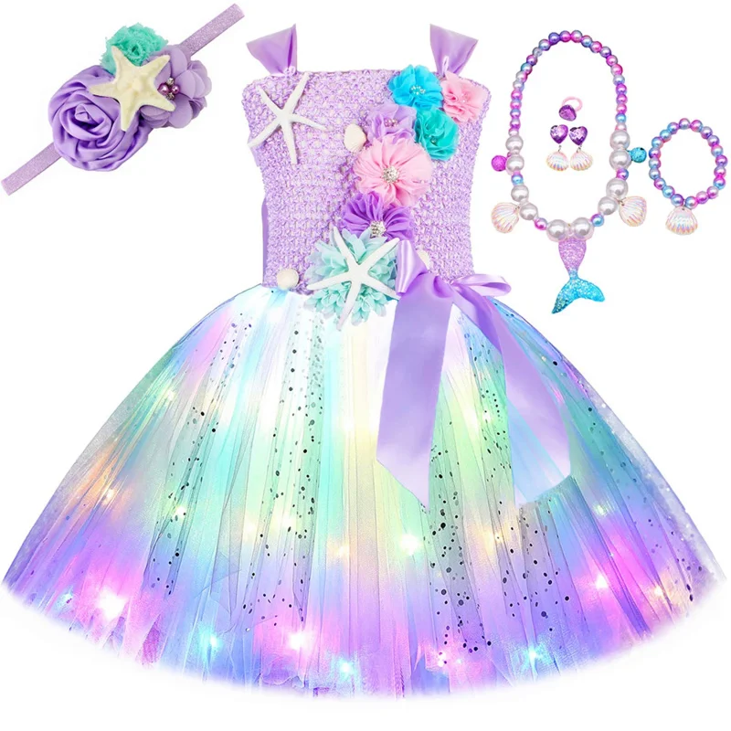Vestido de sirena de princesa para niñas, vestido con luz LED, fiesta de cumpleaños temática del océano, tutú, ropa, disfraz de Halloween para niños