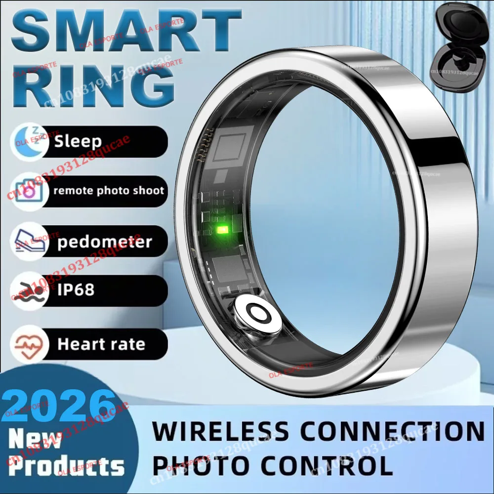 แหวนสมาร์ท 2026, แหวนฟิดเจ็ตพร้อมกล่องชาร์จสำหรับผู้ชาย, ตรวจสอบสุขภาพการนอนหลับ, กันน้ำ 5ATM, โหมดกีฬาหลากหลาย, แหวนสำหรับเล่นกีฬา