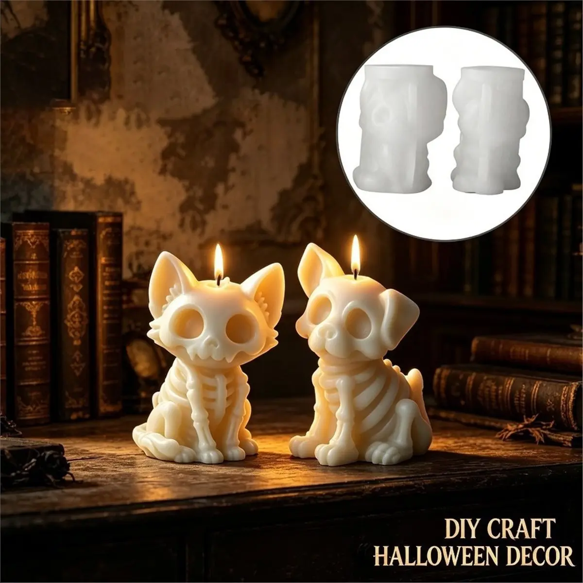 2Pcs Skeleton Cat & Dog Candle Mold Halloween Silicone Molds Spooky Bone Animal, Flexible Silicone for Soap Resin