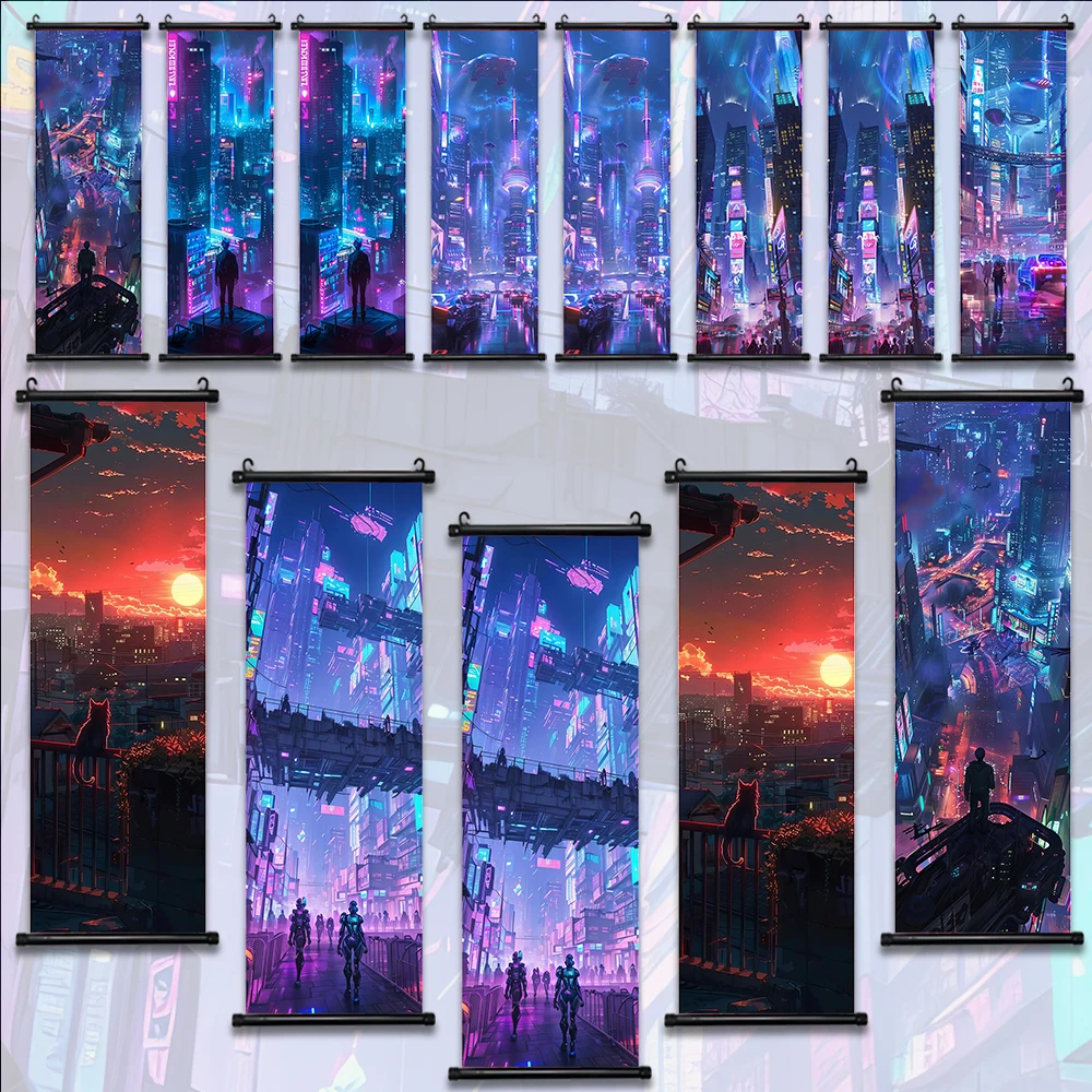 Cyberpunk City Wallpaper Wall Artwork Canvas Painting Picture Print Home Decoration Art Gaming Room Hanging Scroll Poster Gift