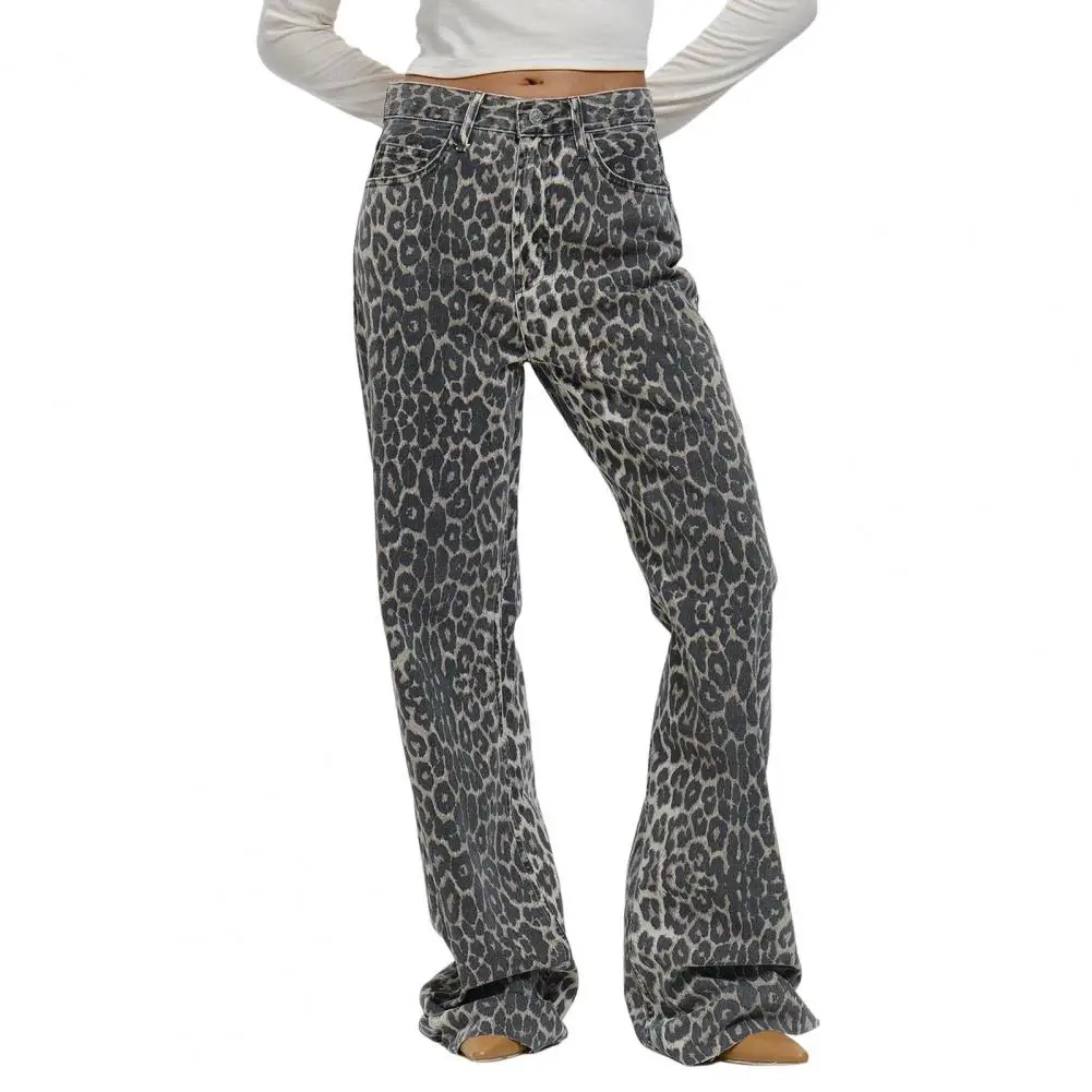 Stretch Denim Wide-leg Pants Leopard Print Wide Leg Jeans For Women With High Waist Pockets Stylish Button Zipper Fly Long
