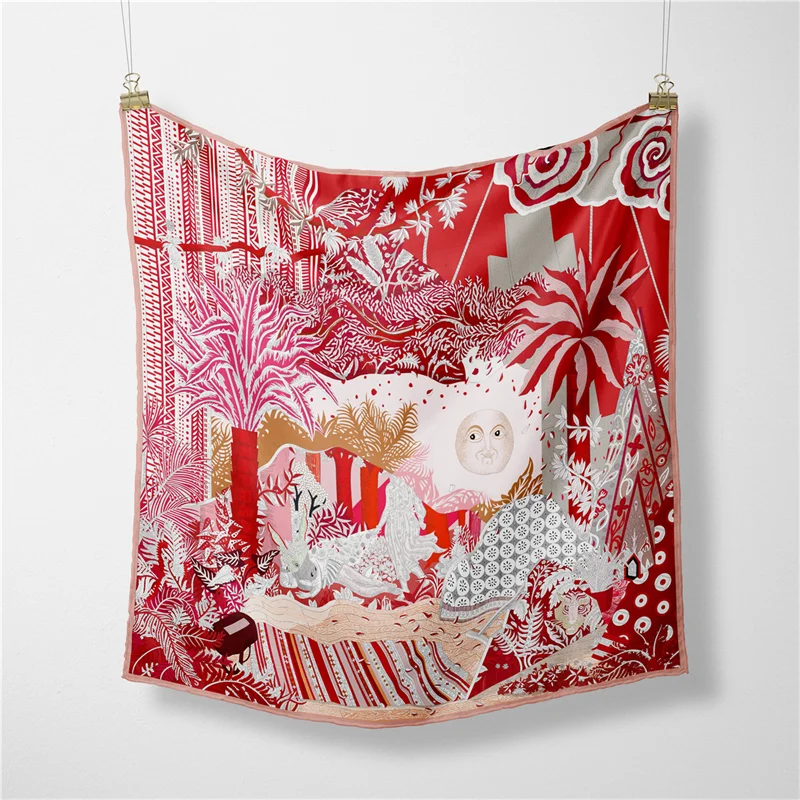 53 سنتيمتر ماركة مربع وشاح المرأة موضة حك 100% وشاح حريري شال تصميم الحجاب باندانا فولارد نبات الغابة الشمس رئيس منديل