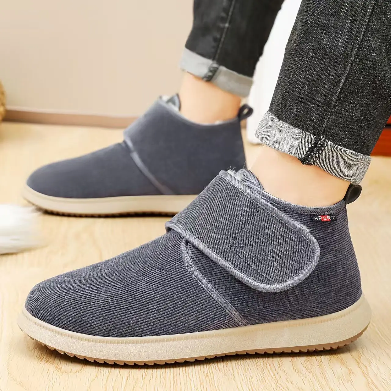

Men's Winter New Canvas Cotton Shoes Thicken Plush Keep Warm Flat sole Non Slip Velcro Middle Aged And Elderly Snow Boots