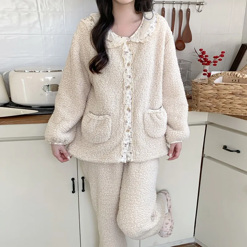 Women's Korean Pajamas Autumn Winter Cute Doll Collar Fleece Loungewear Coral Fleece Loose Fit 2 Piece Set Sweet Princess Style