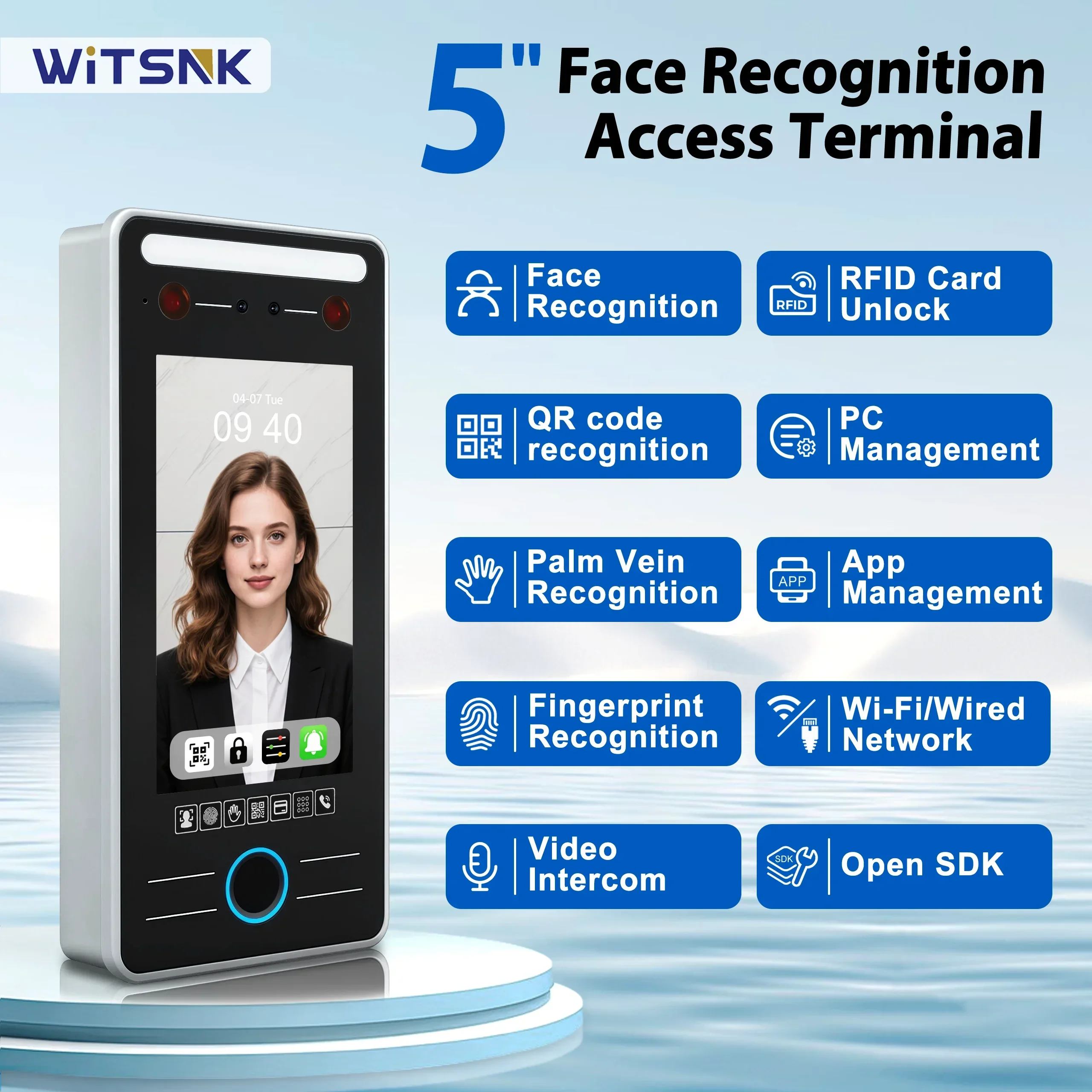 

5 Inch 3D Face Recognition Access Control Biometric Fingerprint Palm Vein QR Code RFID Time Attendance Machine WiFi TCP IP