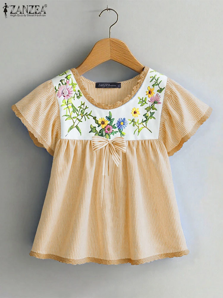 

ZANZEA Striped Lace Trim Blusas Mujer 2025 Summer Woman Floral Print Fashion Blouses Short Sleeve Casual O-Neck Smock Tops