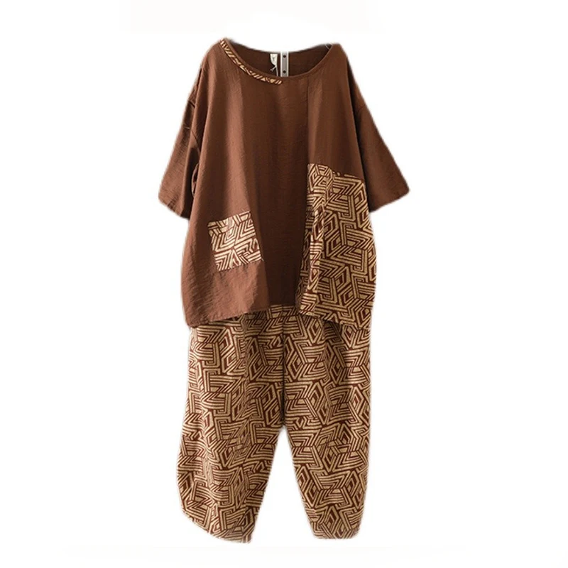 

Casual Cotton Linen Print Patchwork Two-Piece Set with Single ket ort Sve T-irt And Seven-Quarter Wide Leg Pants