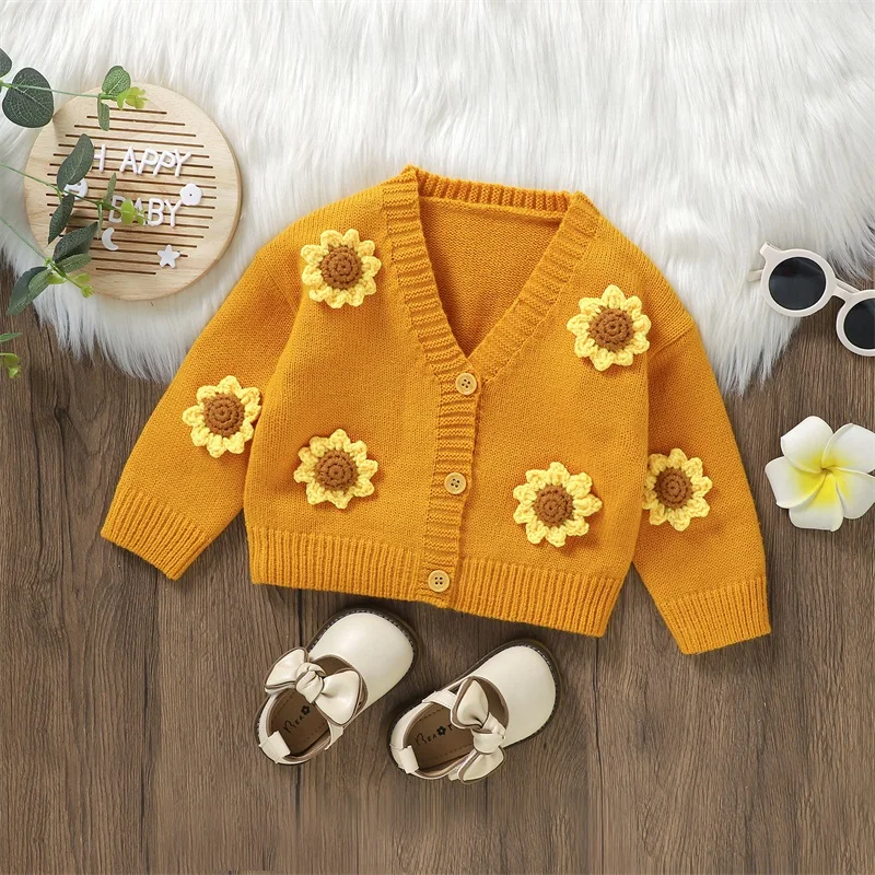 Autumn Baby Girls Knitted Sweater Cardigan Casual Warm Sunflower Long Sleeve Button Jackets Infant Knitwear Toddler Clothes