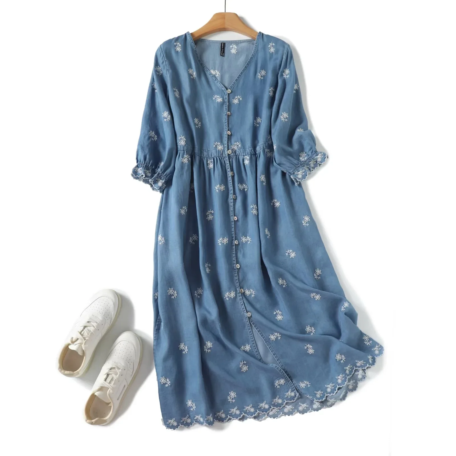 Autumn Boho Denim Embroidery Dresses Women Summer V Neck Retro Half Sleeve Blue Jean Shirt Dress