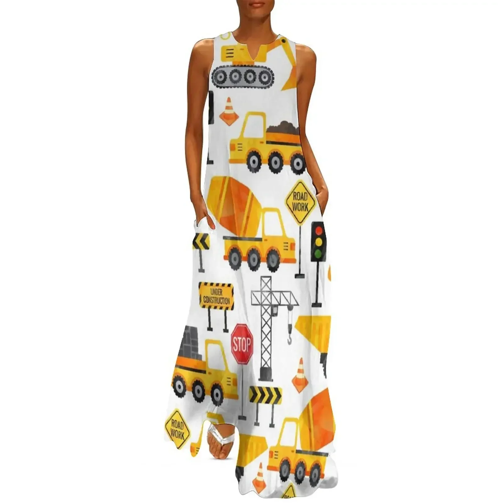 

Road Work Watercolor Construction Vehicles Long Dress women's summer clothing 2025 Dress for girls Dress