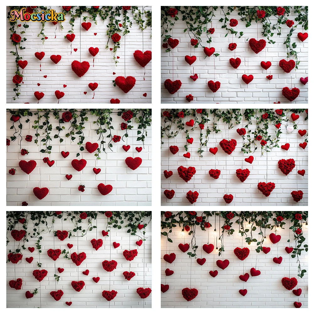 MOCSICKA Valentine's Day Photography Background Roses Vines Red Heart Shaped Flowers Holiday Portrait Photo Backdrops Studio