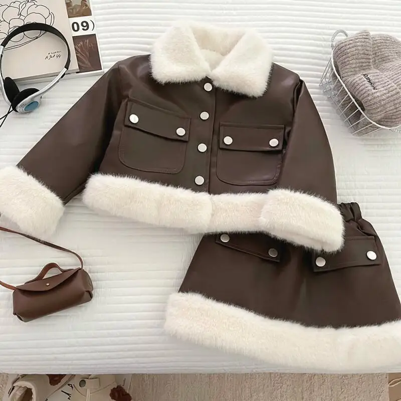Girl Winter Leather Jacket Skirt Two-Piece Set Thicken Tops Cowboy Coat Child Student Kawaii Fashion New Style Casual Clothing