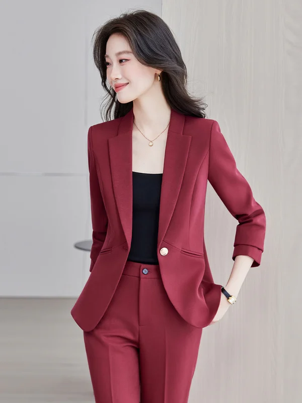 Elegant Fitted Business Suit Set for Women Commute Interview Professional Workwear Polyester Fiber Long Sleeve Color