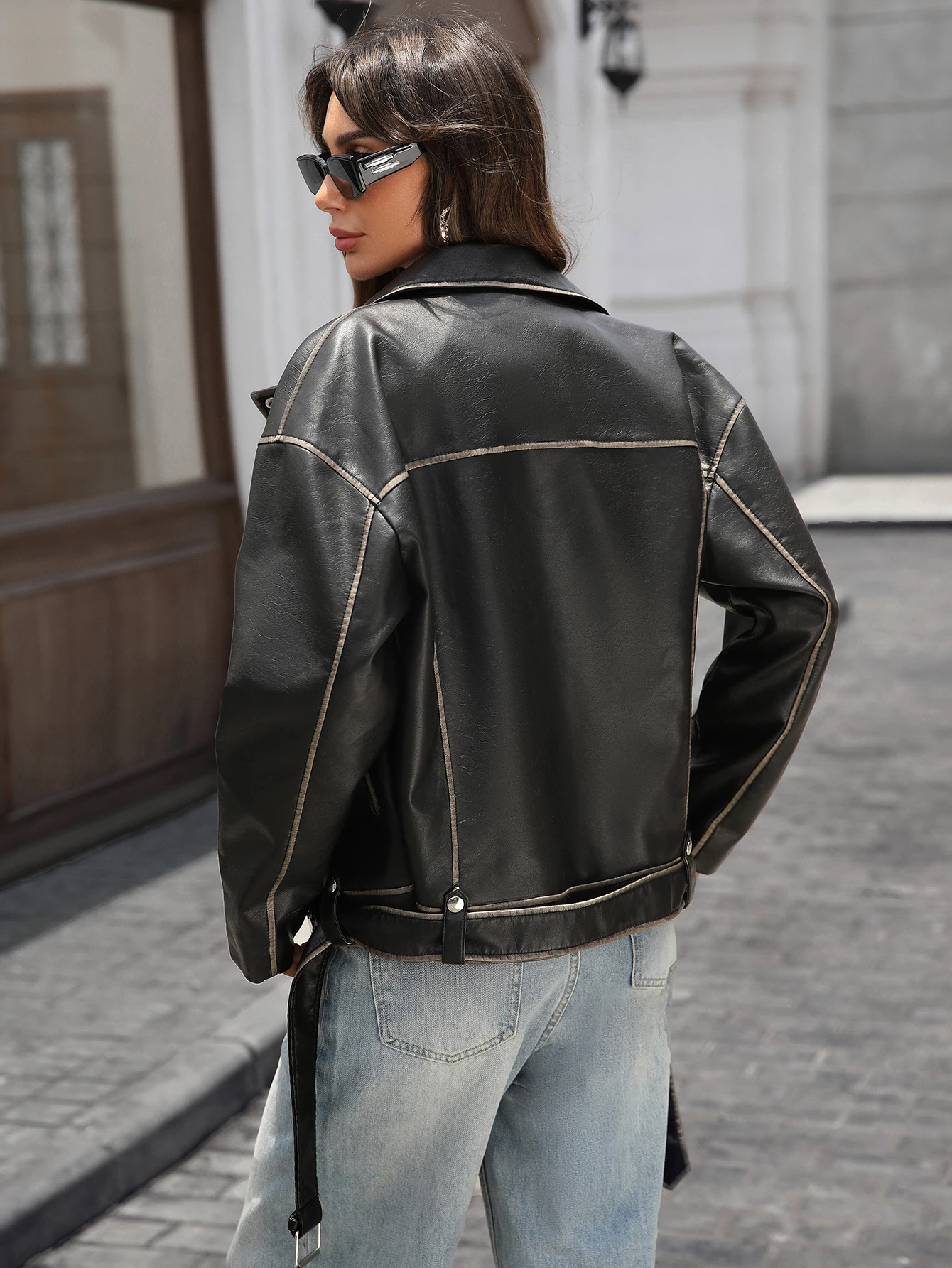 Women's Faux Leather Jacket Oversized Y2K Vintage Long Sleeve Belt Biker Bomber Coat Outwear